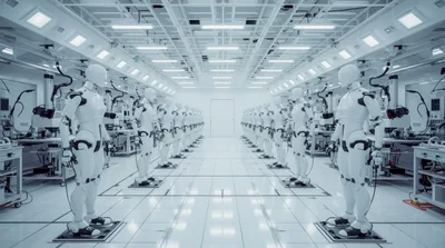 Rows Of Humanoid Robots In A Futuristic Laboratory