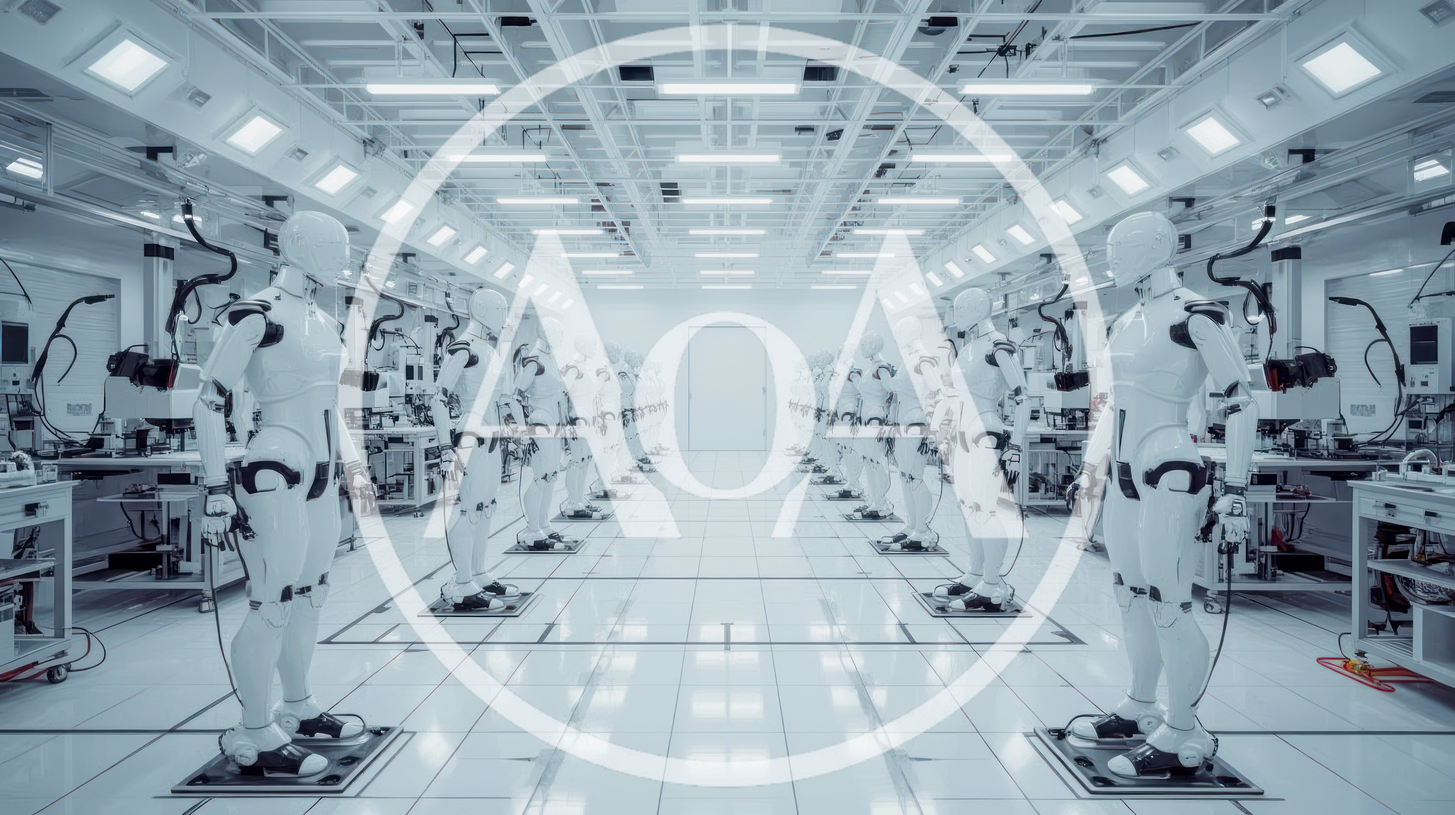 Rows Of Humanoid Robots In A Futuristic Laboratory