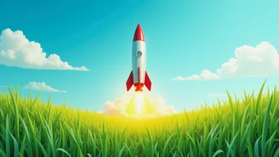Cartoon Rocket Launching From A Grassy Field