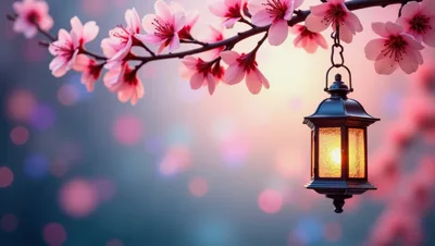 Glowing Lantern Hanging From Cherry Blossom Branch