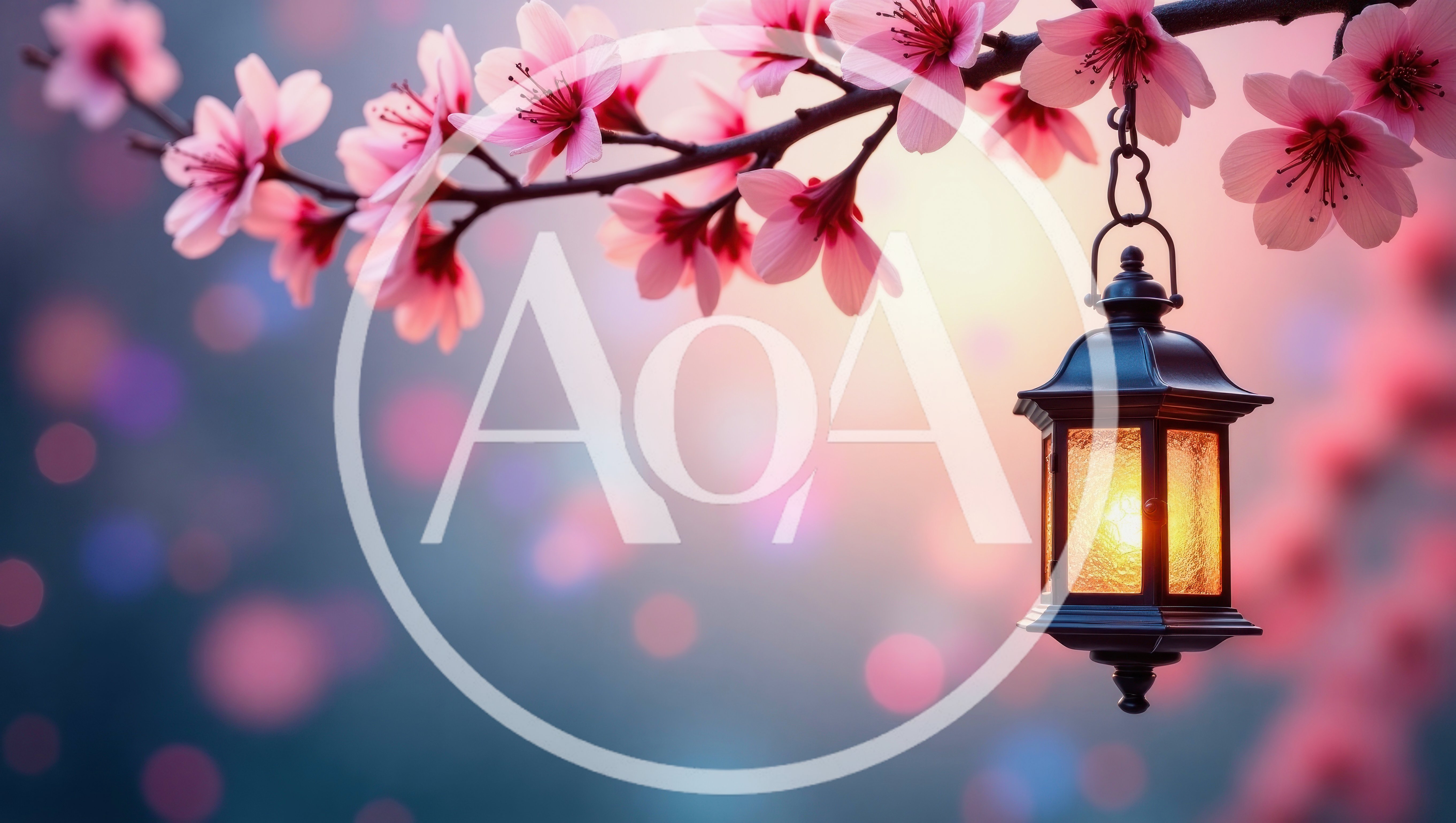 Glowing Lantern Hanging From Cherry Blossom Branch