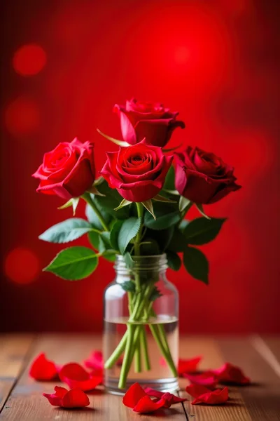 Red Roses In A Glass Vase On Wooden Table