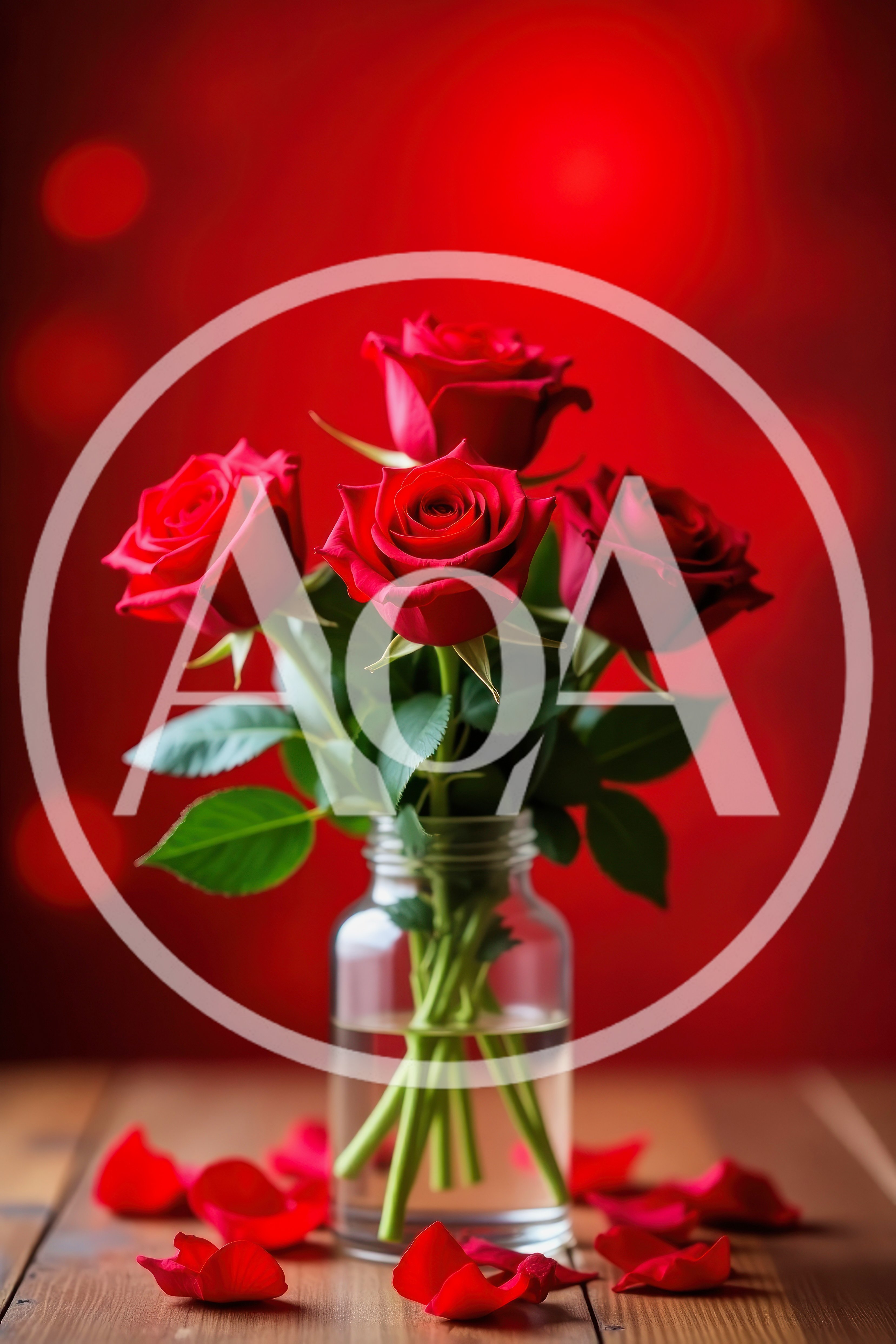 Red Roses In A Glass Vase On Wooden Table