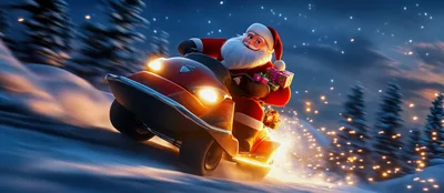 Santa Claus Riding A Red Snowmobile Through Snowy Forest