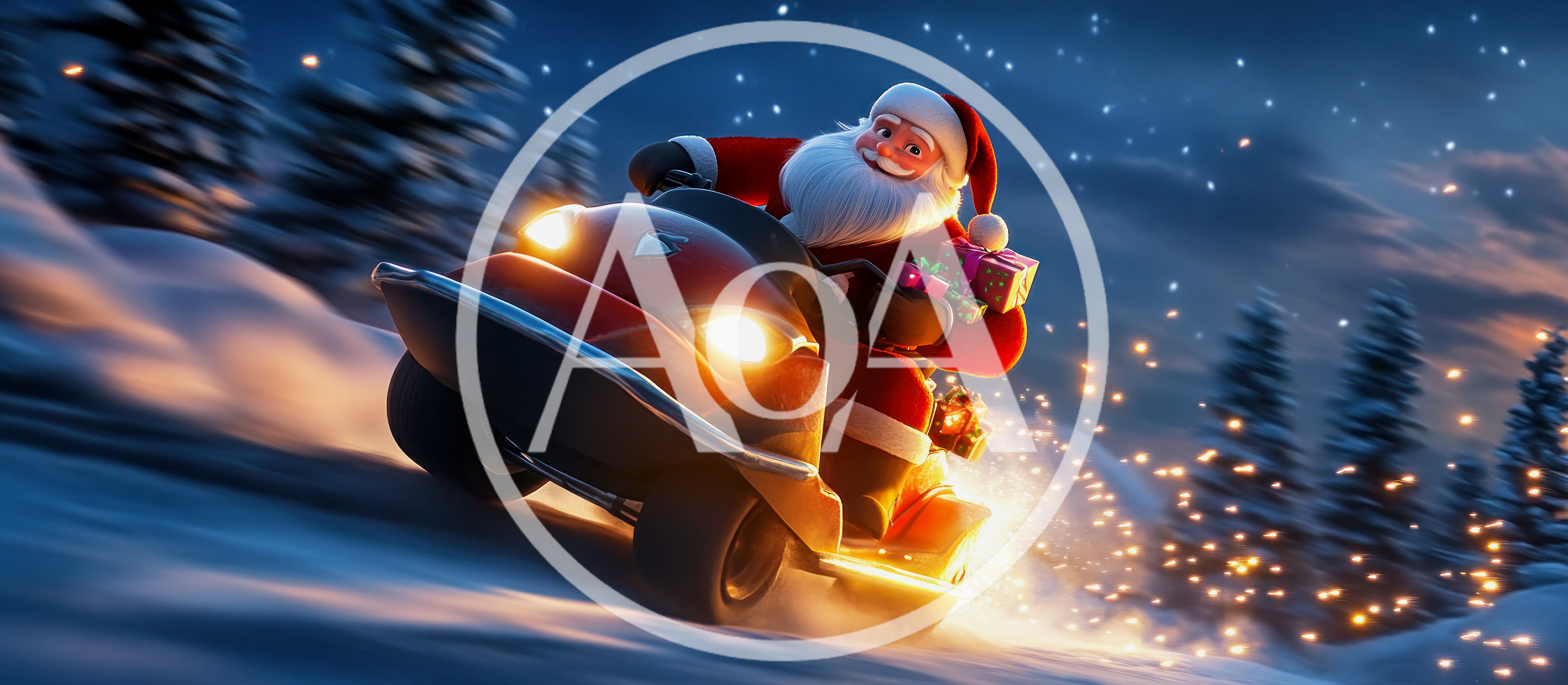 Santa Claus Riding A Red Snowmobile Through Snowy Forest