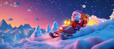 Santa Claus Riding A Red Snowmobile In Snowy Mountains