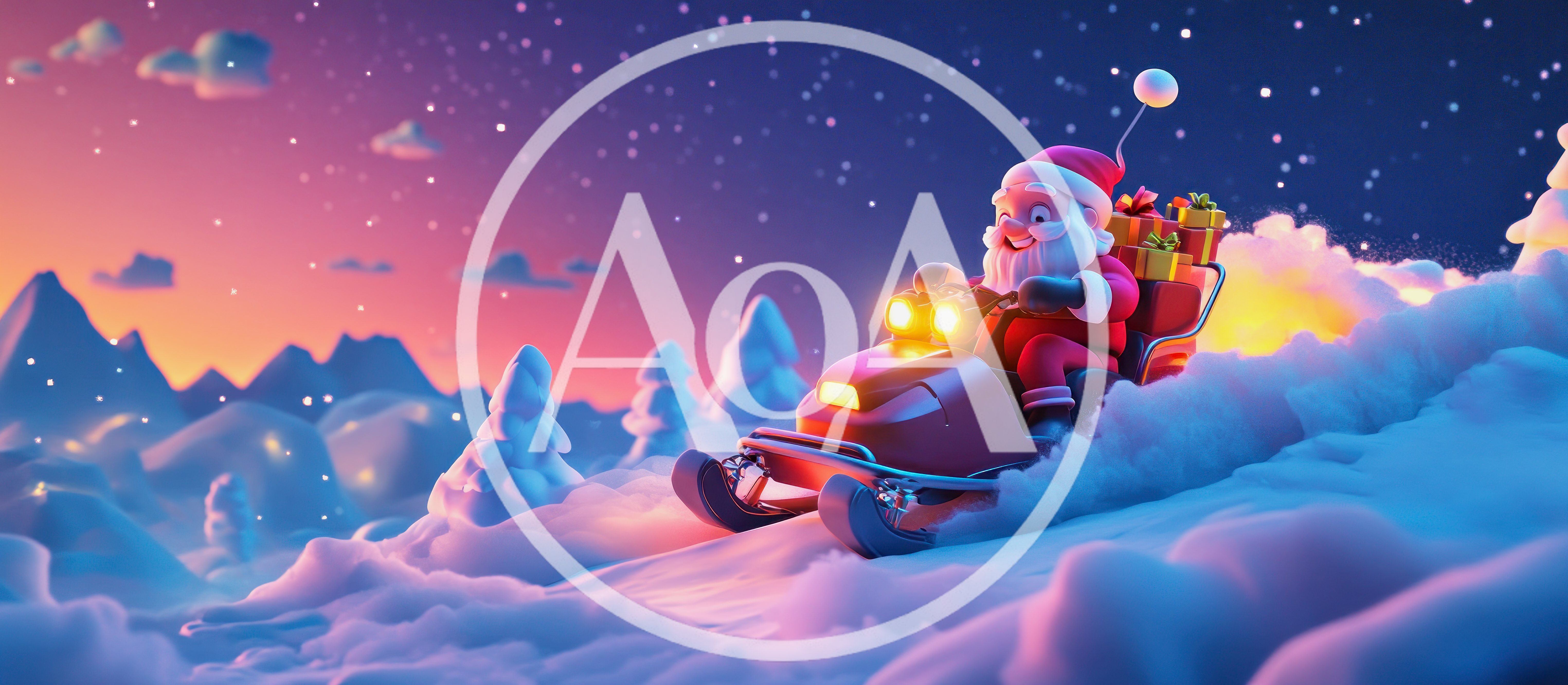 Santa Claus Riding A Red Snowmobile In Snowy Mountains