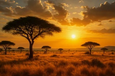 Acacia Trees In African Savanna At Sunset