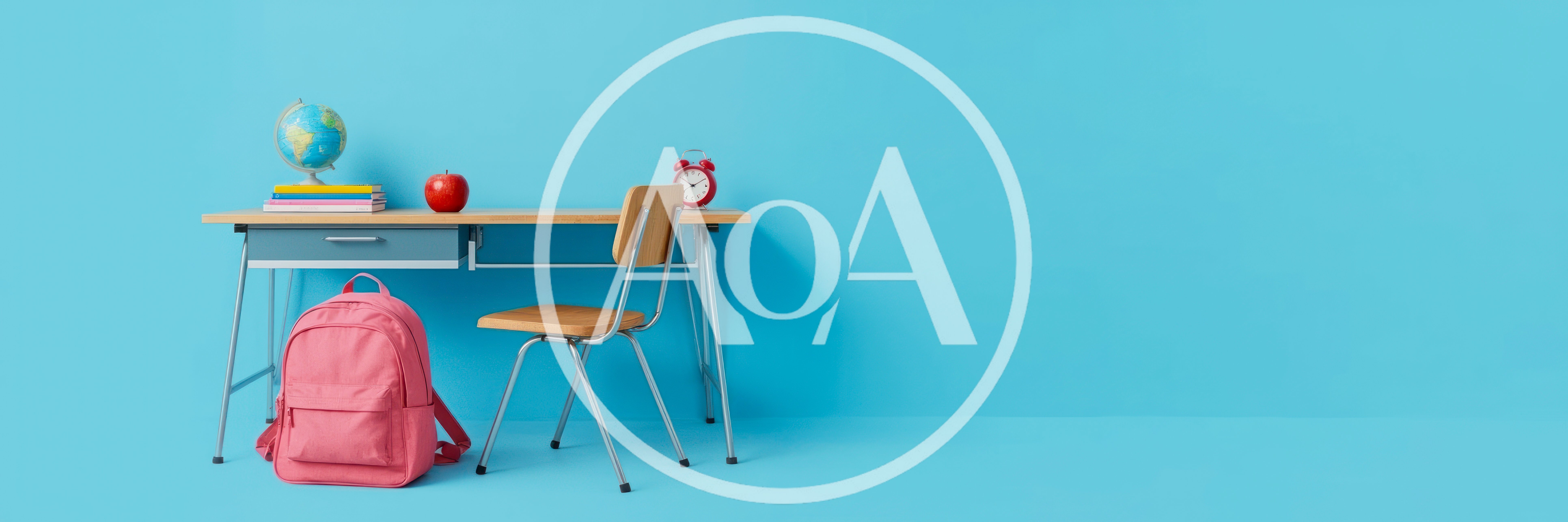 School Desk With Backpack And Supplies On Blue Background