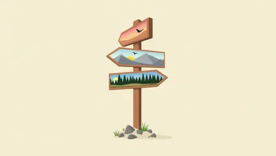 Wooden Directional Signpost With Scenic Landscape Illustrations