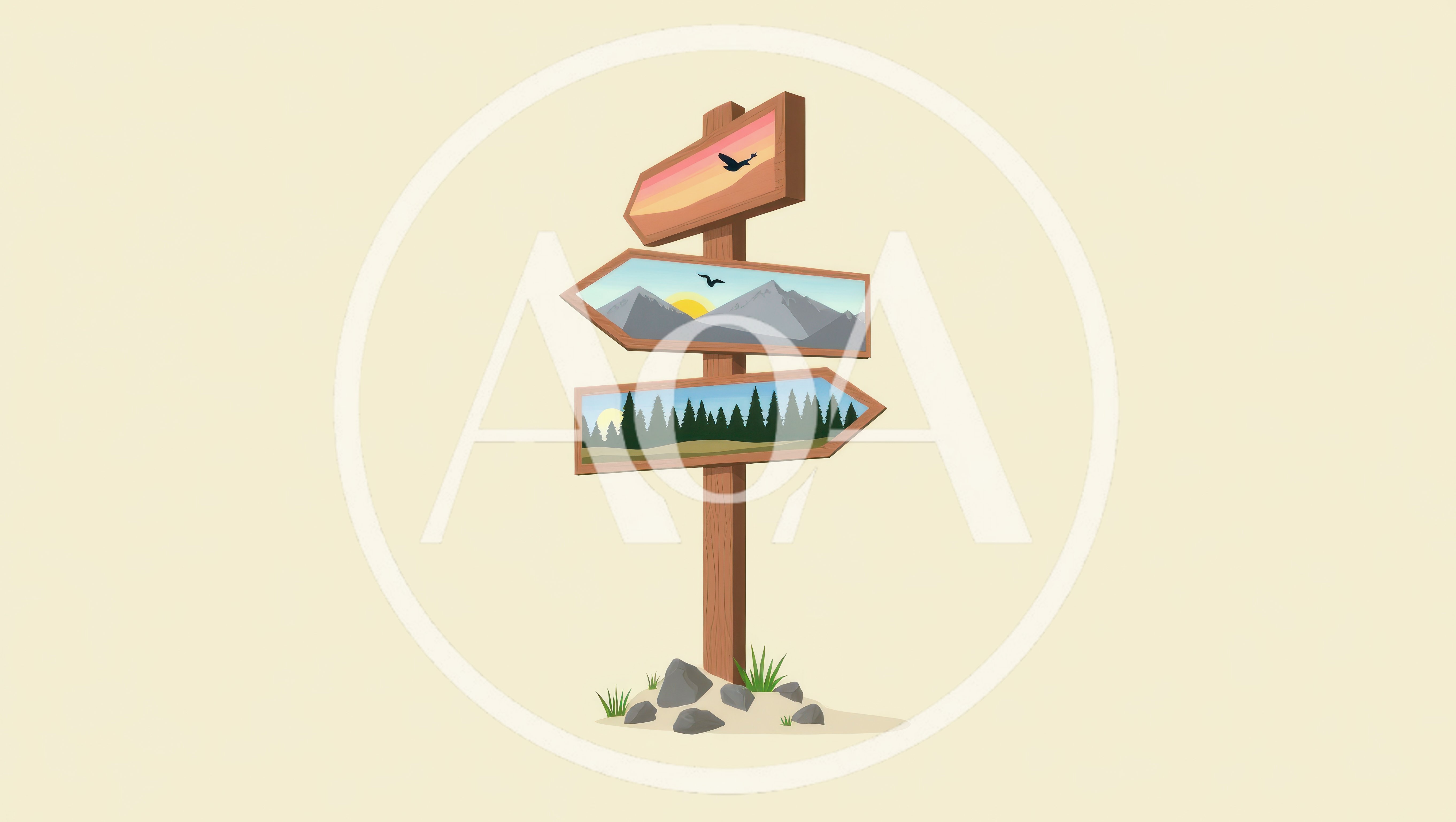 Wooden Directional Signpost With Scenic Landscape Illustrations