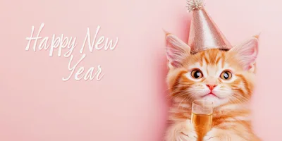 Cute Ginger Kitten Wearing Party Hat With Champagne