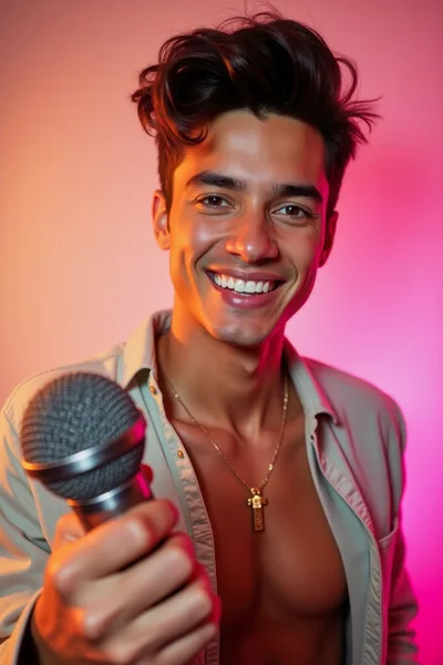 Handsome Young Man Holding Microphone In Studio