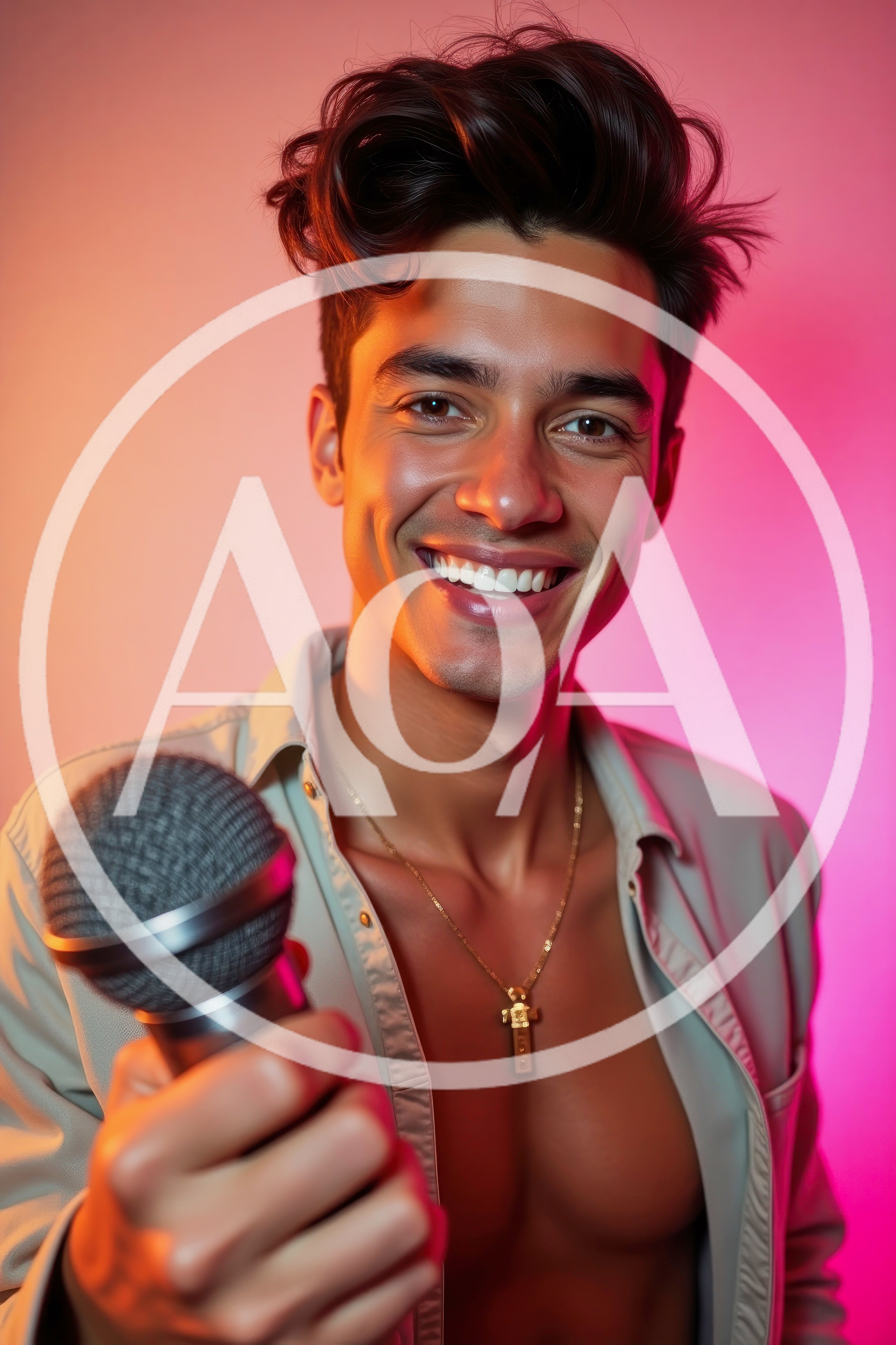Handsome Young Man Holding Microphone In Studio