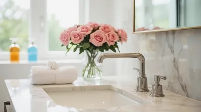 Modern Bathroom Vanity With Marble Countertop And Roses