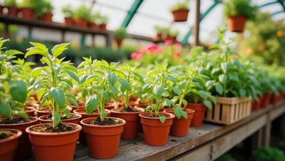 Rows Of Potted Basil Seedlings In A Greenhouse