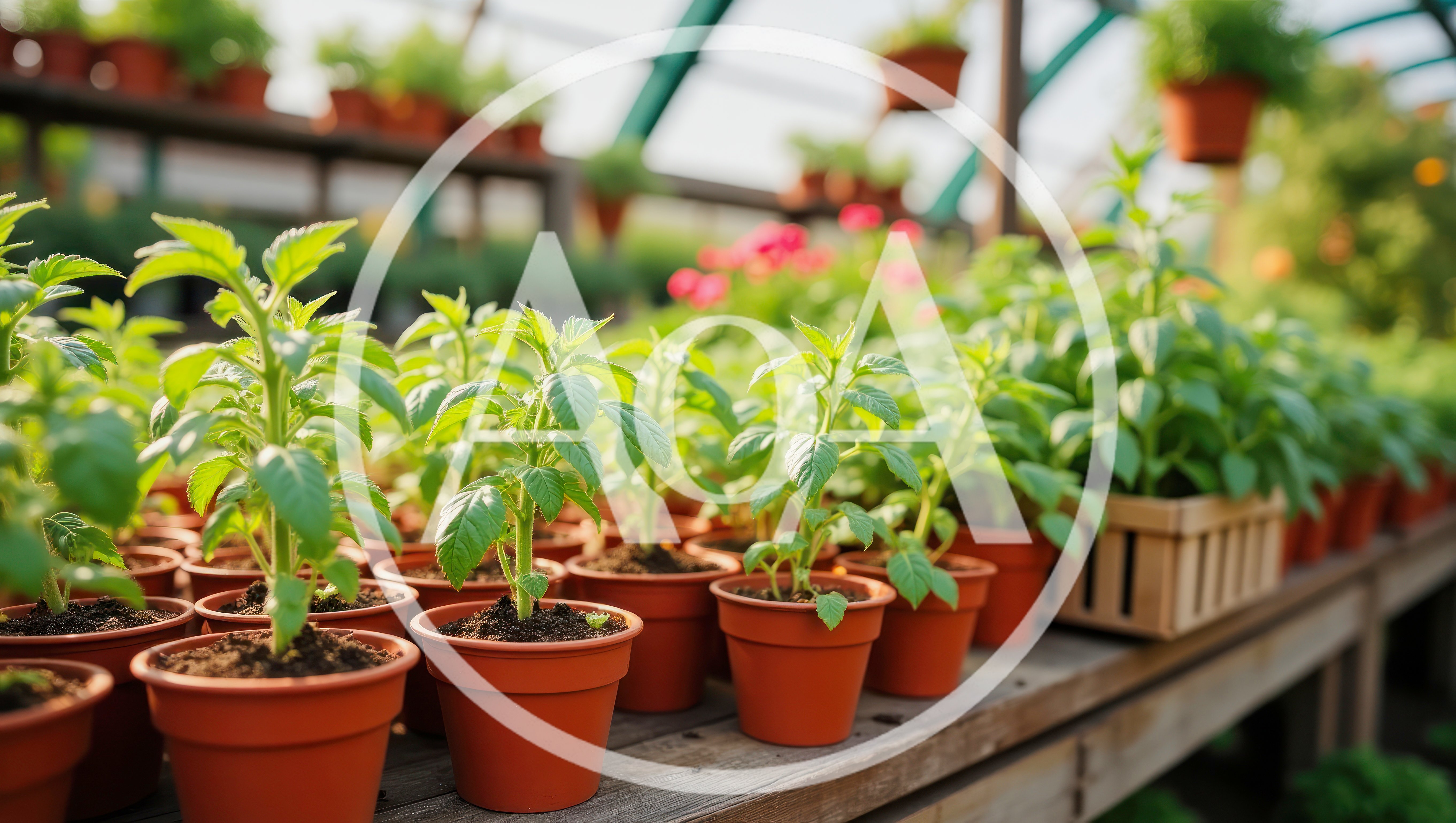 Rows Of Potted Basil Seedlings In A Greenhouse