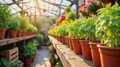Potted Green Plants Arranged on Greenhouse Shelves