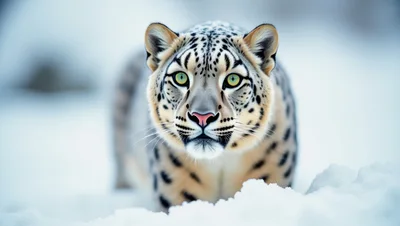 Snow Leopard Staring Directly Into Camera In Snowy Landscape