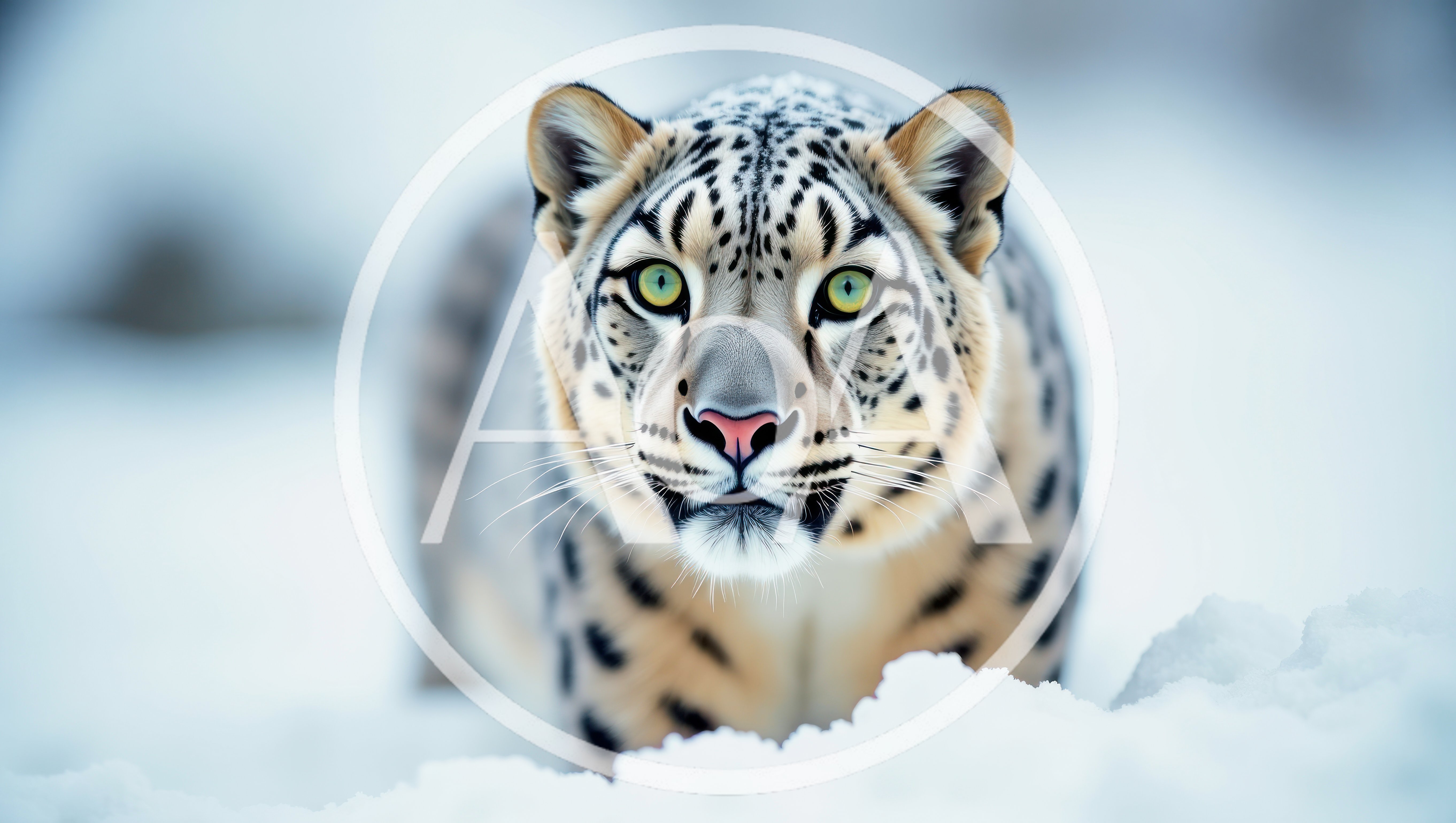 Snow Leopard Staring Directly Into Camera In Snowy Landscape