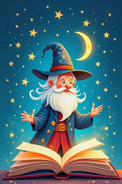 Cartoon Wizard Reading From A Magical Open Book