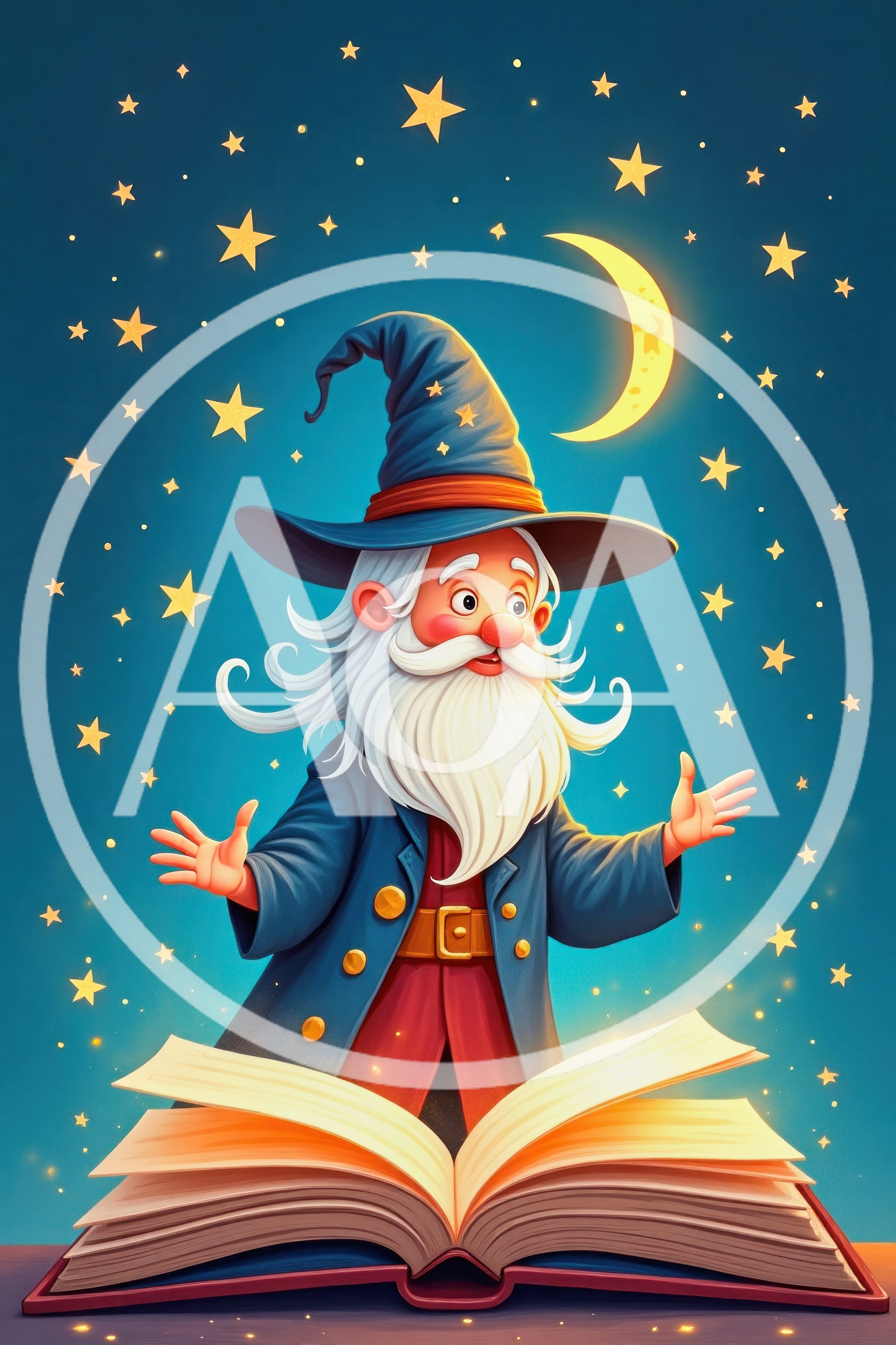 Cartoon Wizard Reading From A Magical Open Book