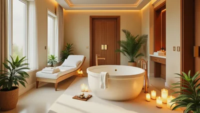 Luxury Spa Bathroom With Round Bathtub And Lounge Chair