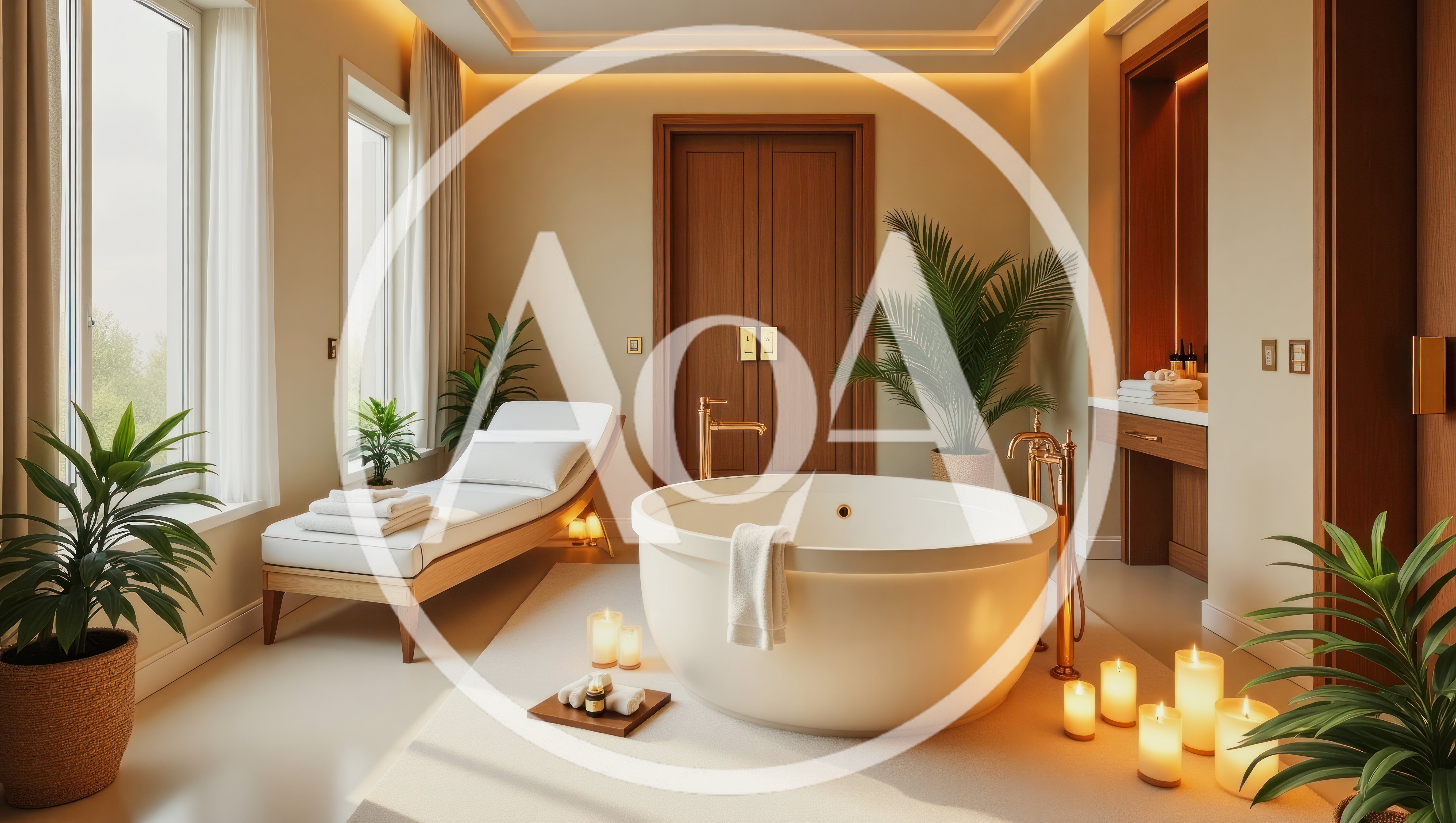 Luxury Spa Bathroom With Round Bathtub And Lounge Chair
