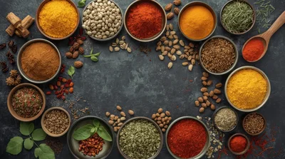 Assorted Spices And Herbs In Bowls