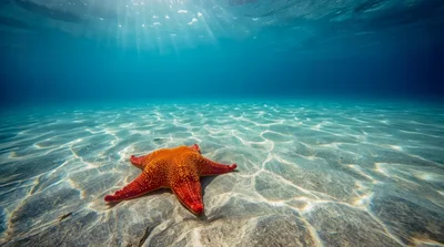 Red Starfish Resting On Sandy Ocean Floor