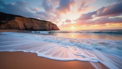 Golden Sunset Over Scenic Coastal Beach Cliffs