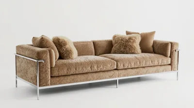 Modern Beige Velvet Sofa With Chrome Frame