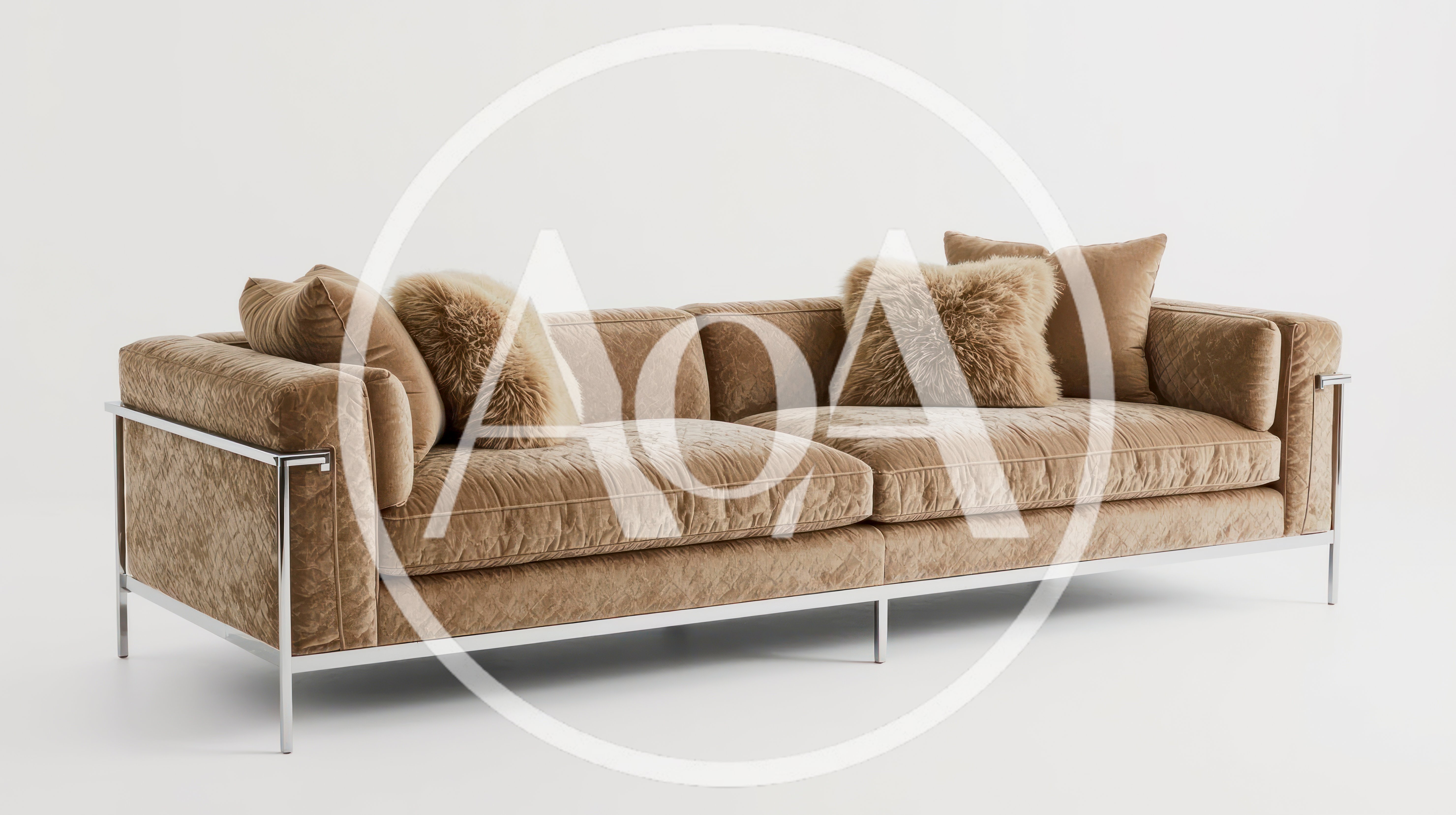 Modern Beige Velvet Sofa With Chrome Frame