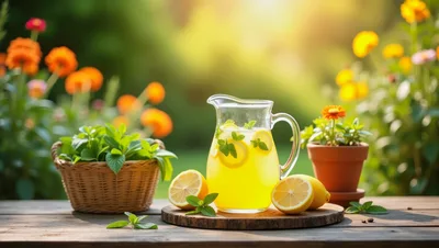 Refreshing Lemonade Pitcher With Fresh Mint In Garden