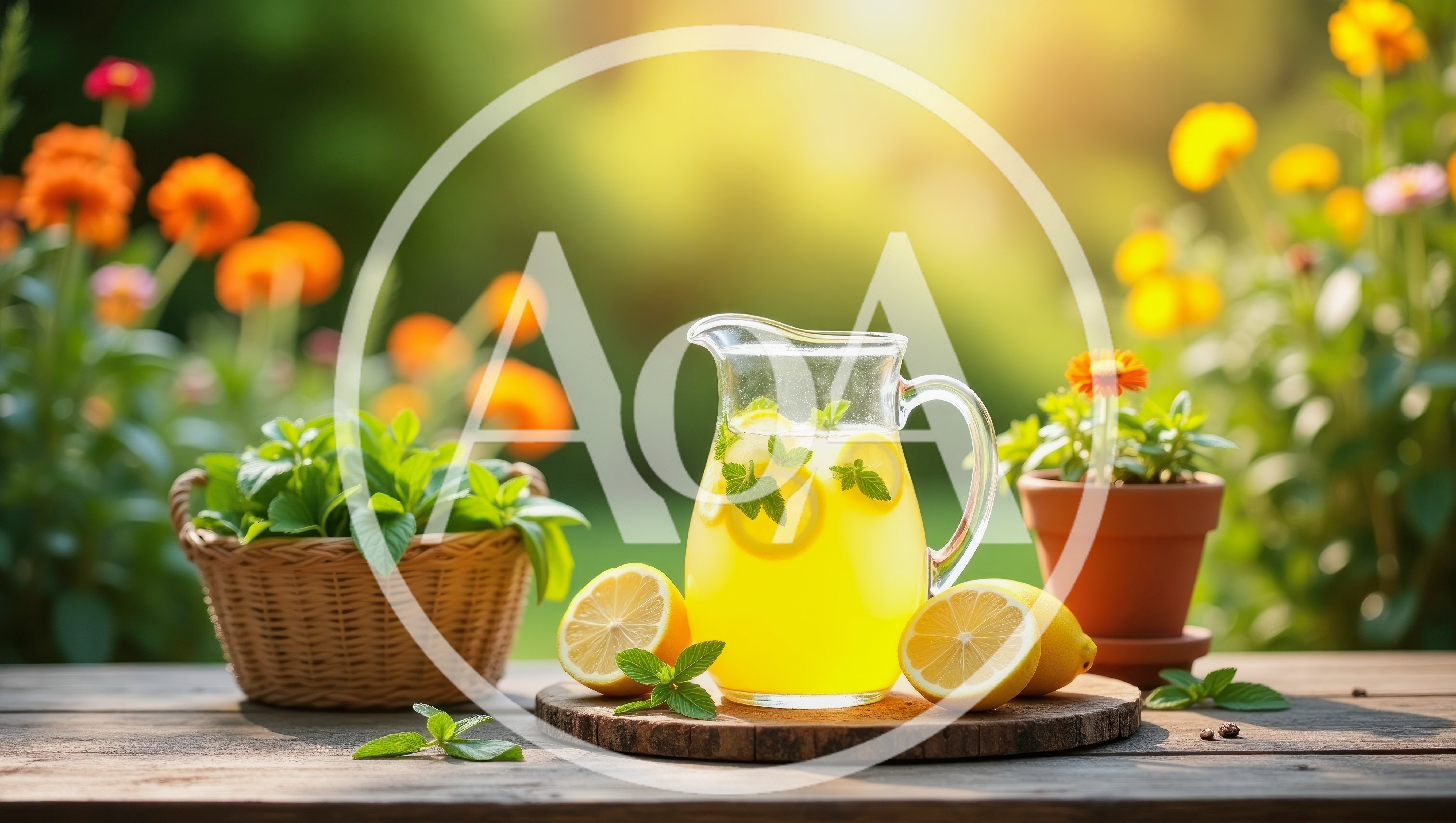 Refreshing Lemonade Pitcher With Fresh Mint In Garden