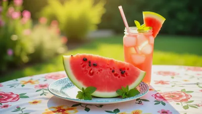 Watermelon Slice And Refreshing Drink On Garden Table