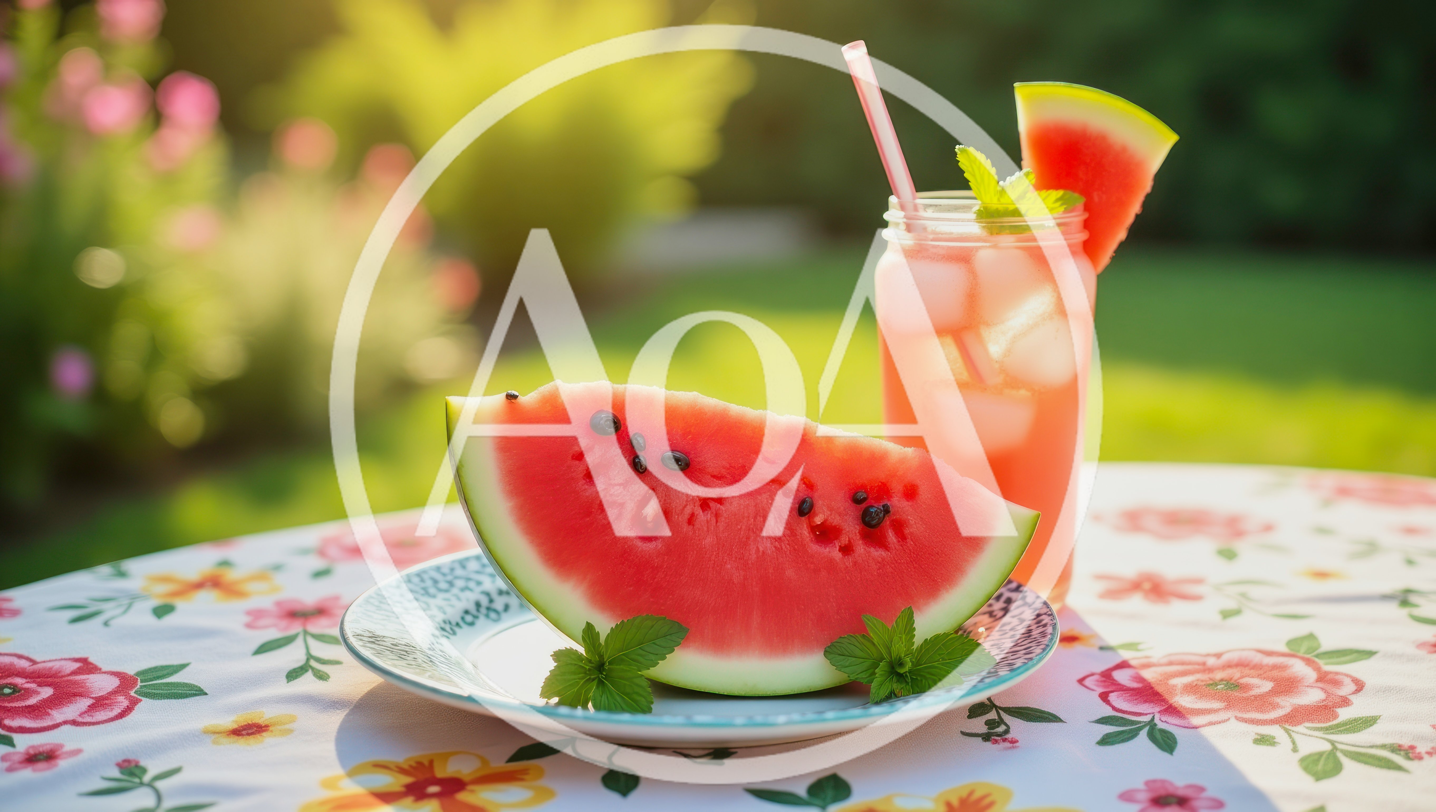 Watermelon Slice And Refreshing Drink On Garden Table
