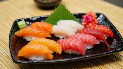Assorted Nigiri Sushi Platter On A Bamboo Mat