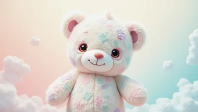 Cute Pastel Teddy Bear Floating Among Soft Clouds