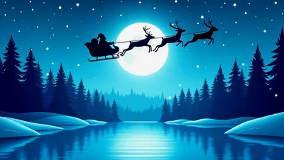 Santa Claus Flying Sleigh Silhouette Over Snowy Forest