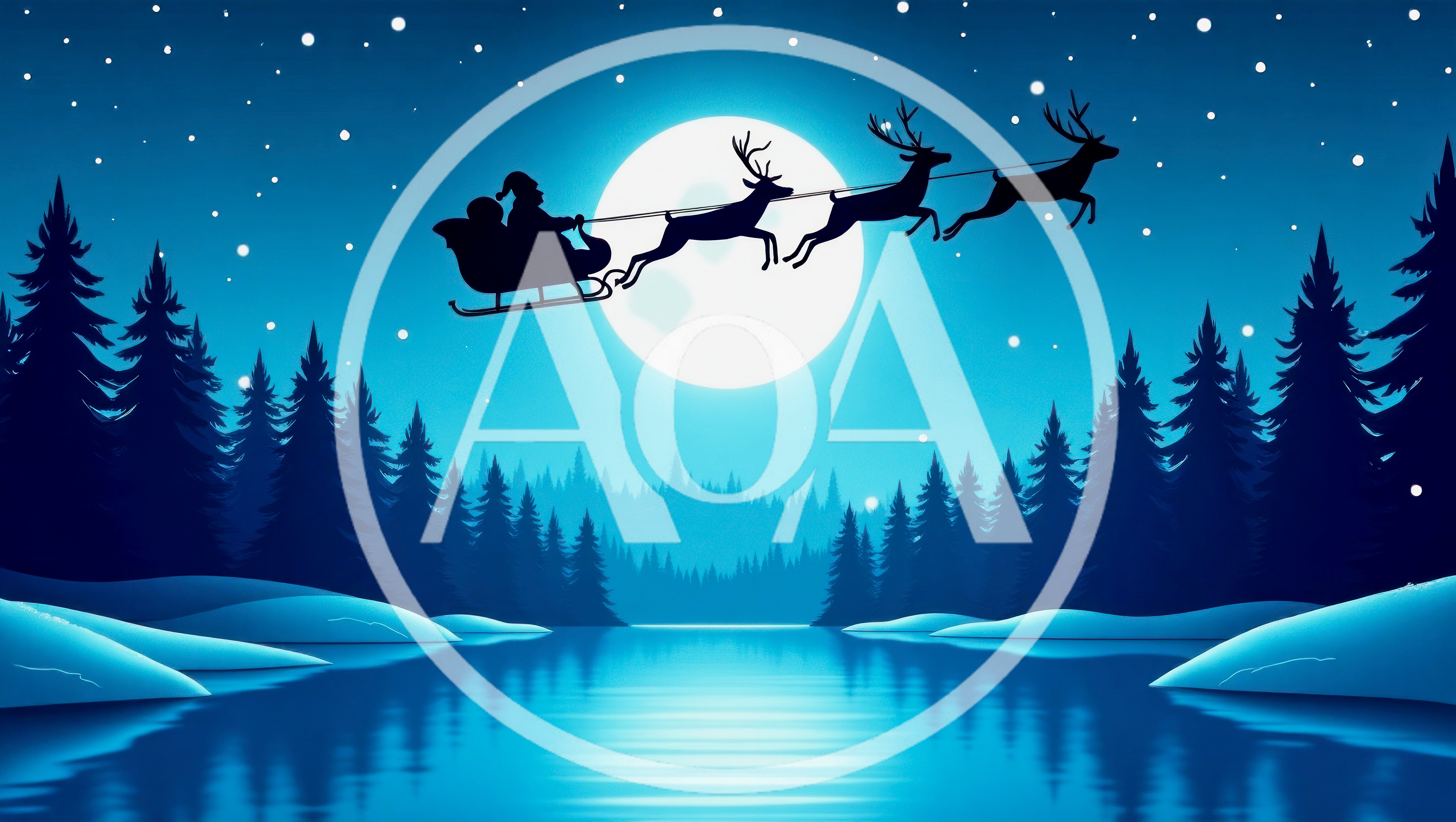 Santa Claus Flying Sleigh Silhouette Over Snowy Forest