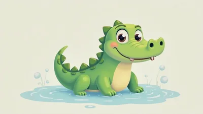 Cute Cartoon Crocodile Standing In Shallow Water
