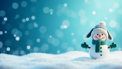 Cute Snowman Wearing A Hat And Scarf In Snow