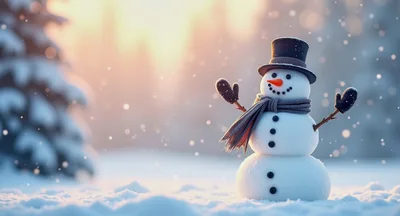 Cheerful Snowman Waving In A Snowy Winter Landscape