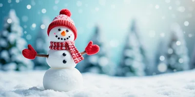 Cute Snowman Wearing Red Hat And Scarf