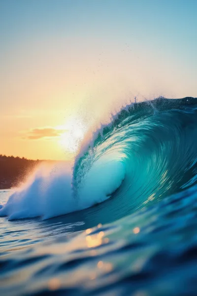 Powerful Ocean Wave Breaking At Sunset