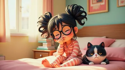 Cute Cartoon Girl With Cat Sitting On Bed