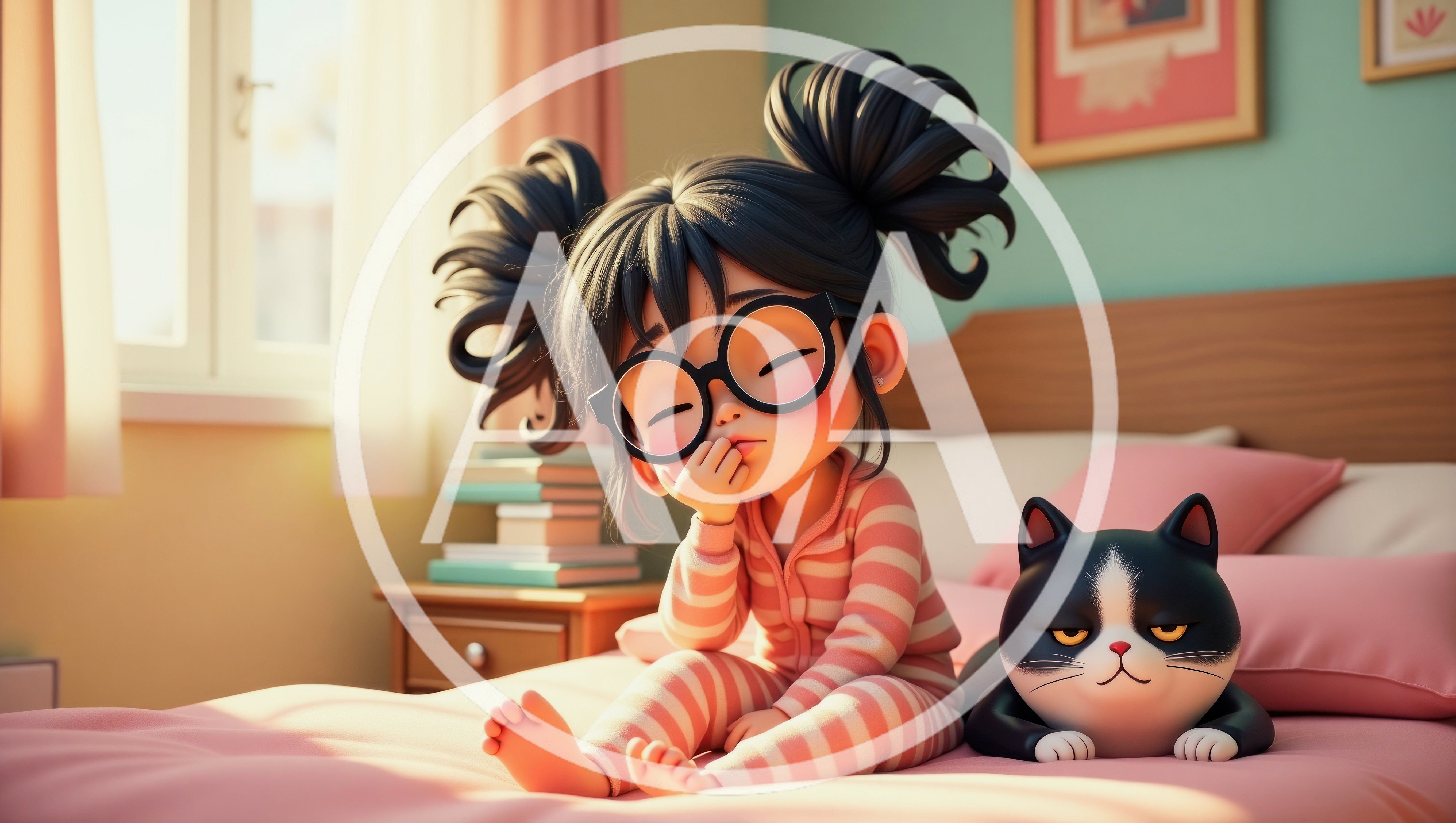 Cute Cartoon Girl With Cat Sitting On Bed