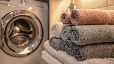 Stack Of Rolled Towels Beside A Washing Machine