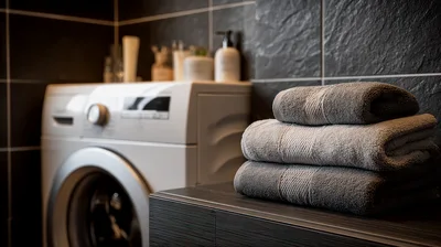 Stack Of Folded Grey Towels On Bathroom Counter